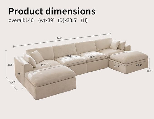 146" Modular Sectional Sofa – Modern Cloud Couch with Deep Chenille Seats, U-Shaped Boneless Sofa, Pet-Friendly, No Assembly, Warm White (4 Seater + 2 Ottoman)