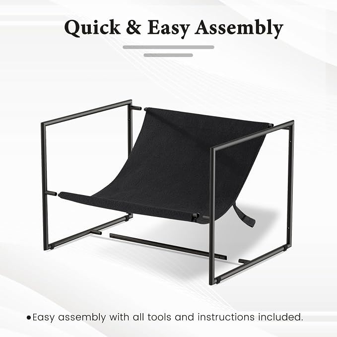 Furnilivng Large Sling Accent Chair, Comfortable Boucle Fabric Arm Chair, Upholstered Cozy Reading Chair for Living Room, Bedroom, Dressing Room, Home Office (Black, Set of 1)