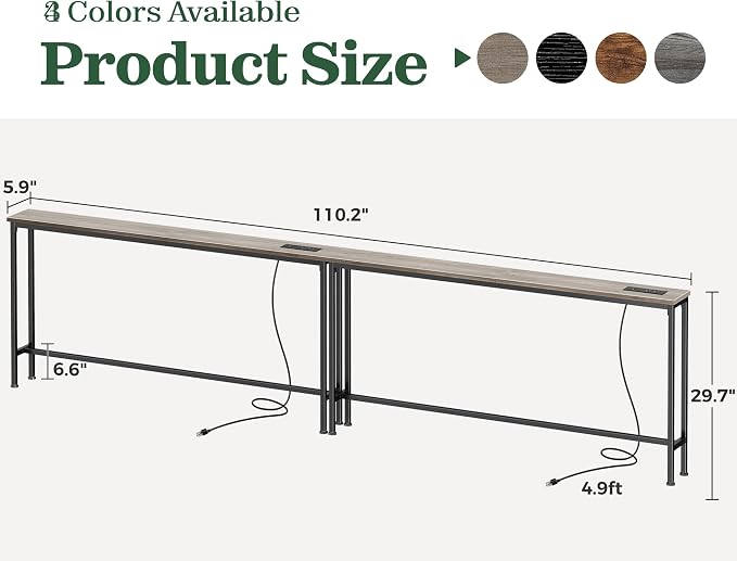 SUPERJARE 110.2 Inch Sofa Table with Power Outlets and USB-C Ports, 5.9 Inch Narrow Console Tables, Entryway Hallway Couch Tables with Storage, Behind Sofa, Small Spaces, Living Room, Oak