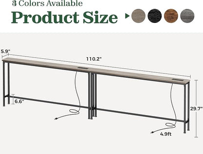 SUPERJARE 110.2 Inch Sofa Table with Power Outlets and USB-C Ports, 5.9 Inch Narrow Console Tables, Entryway Hallway Couch Tables with Storage, Behind Sofa, Small Spaces, Living Room, Oak