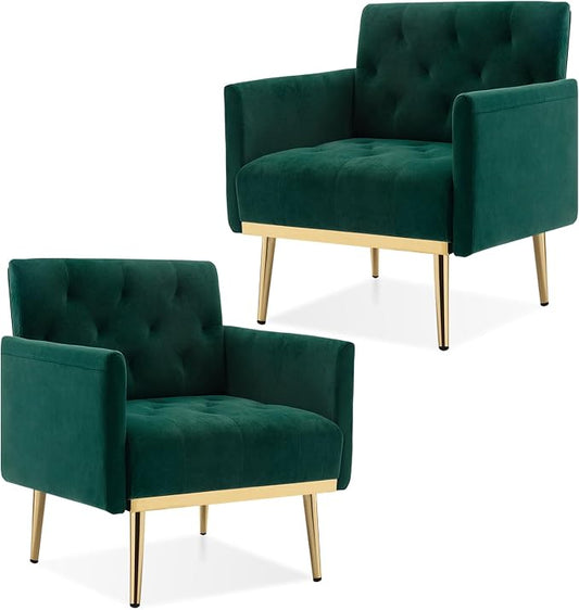 Green Velvet Accent Chairs Set of 2, Comfy Button Tufted Armchair, Upholstered Arm Chair Single Sofa Reading Chairs with Arms and Gold Metal Leg for Living Room Bedroom Nursery Office
