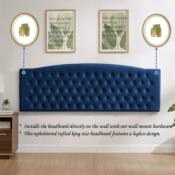 24KF Upholstered Tufted Button Velvet Wall Mounted Headboard,Comfortable Fashional Headboard King/CA King Size, 6058-K-Navy