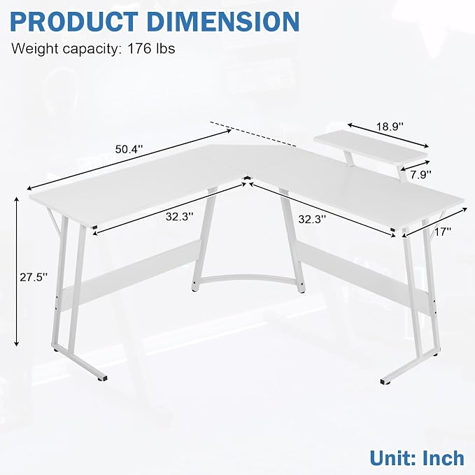 51 Inch L Shaped Gaming Desk Corner Computer Desk with Detachable Monitor Stand for Home Office Learning Gaming Workstation,White