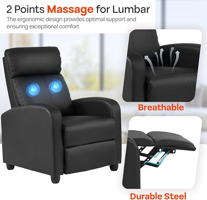 FDW Recliner Sofa Massage Chair Home Theater Seating with Lumbar Support and Padded Backrest for Living Room and Bedroom (Leather, Black)