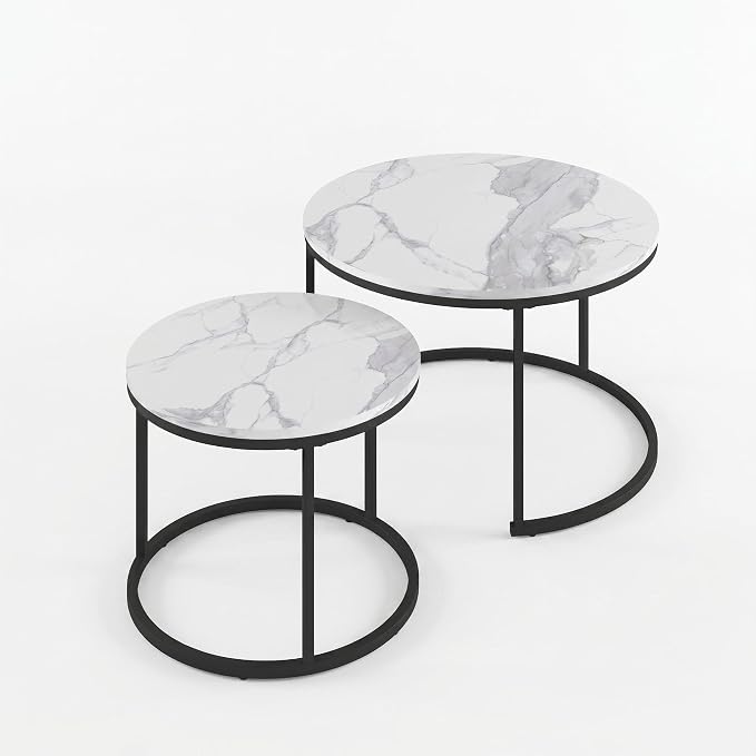 Living Room Side Table, Round Coffee Tables for Living Room, Modern Nesting Drink for Small Spaces, Set of 2 (Marble)