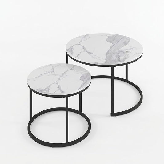 Living Room Side Table, Round Coffee Tables for Living Room, Modern Nesting Drink for Small Spaces, Set of 2 (Marble)