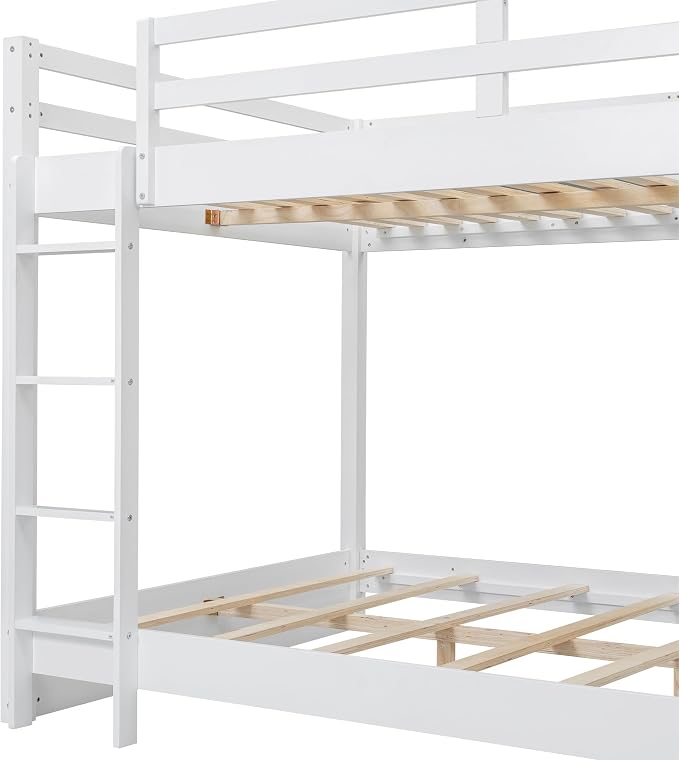Bellemave Queen Over Queen Size Bunk Bed for Kids/Adults,Solid Wood Bunk Bed Frame Queen Size with Ladder & Safety Guardrails,White