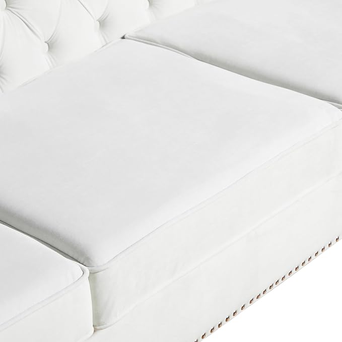 LEVNARY Chesterfield Loveseat Velvet, Upholstered Sofa with Button-Tufted Back, Mid-Century Modern Sofa with Solid Wood Legs, 2 Seater Couches for Living Room (White)