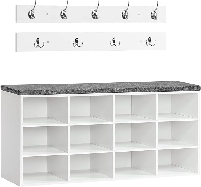 HOOBRO Shoe Storage Bench with Cushion, 39.4" L Entryway Bench with 12 Cubbies, Entryway Hall Tree with Storage, Cubby Shoe Rack Bench with Coat Rack for Hallway, Holds up to 330 lb, White WT112HX01