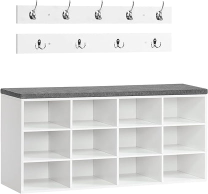 HOOBRO Shoe Storage Bench with Cushion, 39.4" L Entryway Bench with 12 Cubbies, Entryway Hall Tree with Storage, Cubby Shoe Rack Bench with Coat Rack for Hallway, Holds up to 330 lb, White WT112HX01
