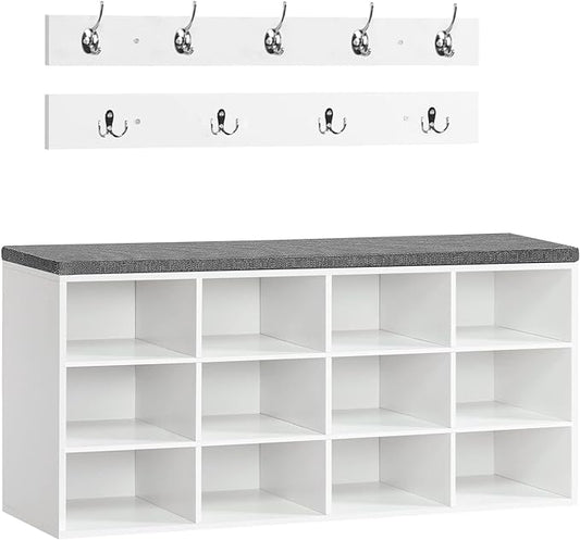 HOOBRO Shoe Storage Bench with Cushion, 39.4" L Entryway Bench with 12 Cubbies, Entryway Hall Tree with Storage, Cubby Shoe Rack Bench with Coat Rack for Hallway, Holds up to 330 lb, White WT112HX01