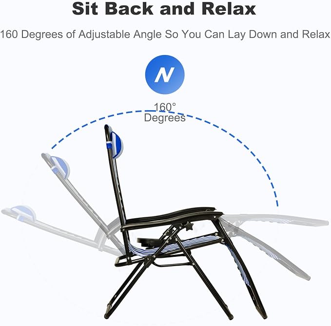 Nazhura Set of 2 Relaxing Recliners Patio Chairs Adjustable Steel Mesh Zero Gravity Lounge Chair Beach Chairs with Pillow and Cup Holder (Navy Blue Stripe)