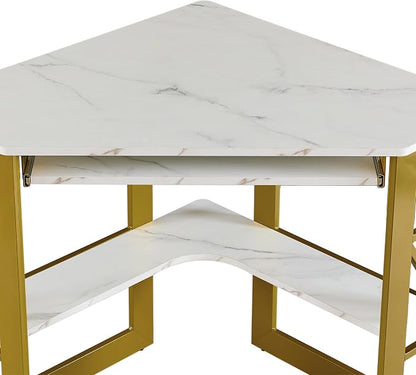 VECELO Corner Computer Desk 41 x 30 inches with Smooth Keyboard & Storage Shelves for Home Office Workstation,White & Gold