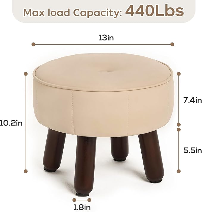 oakvivo 13in Small Foot Stool Ottoman, Round Faux Leather Foot Rest for Couch, Under Desk Pouf Footstool Footrest with Non-Skid Rubber Legs for Ling Room, Bedroom, 13''L x 13''W x 10.2''H, Beige
