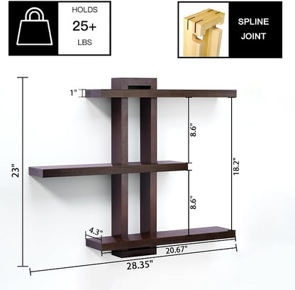 yaqew Variable Floating Shelves Wood Set of 3, Bathroom Shelves 28.35" Max, Rustic Wall Shelves for Living Room Bedroom Farmhouse - Dark Walnut Color - 28.35" x 23" x 4.3" Max