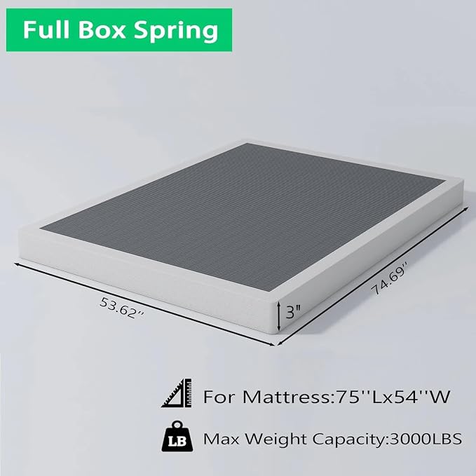 ALDRICH Low Profile Box Spring Full Size,3 Inch Heavy Duty Metal Box Spring for Full Bed,Mattress Foundation Non-Slip/No Noise/Easy Assembly (Full)