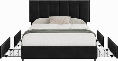VECELO Full Size Bed Frame with 4 Storage Drawers, Adjustable Height Headboard, Heavy-Duty Platform Bedframe with Strong Wooden Slats, No Box Spring Needed, Black