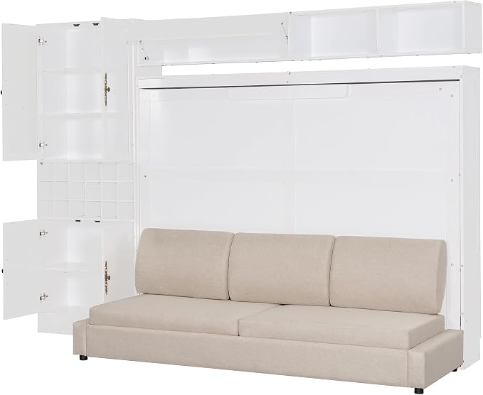 Queen Murphy Bed with Couch, Storage Shelves and USB, Folding Wall Bed | Stores bed and mattress together, with built-in light, 600 lbs capacity and 8-10 in mattress support for small spaces