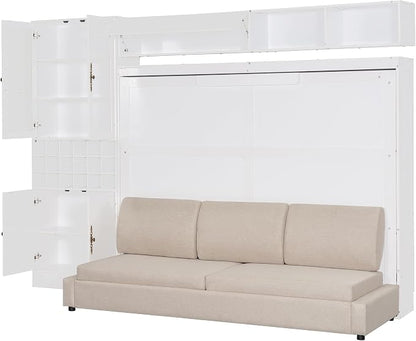 Queen Murphy Bed with Couch, Storage Shelves and USB, Folding Wall Bed | Stores bed and mattress together, with built-in light, 600 lbs capacity and 8-10 in mattress support for small spaces