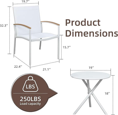 Shintenchi 3 Pieces Patio Bistro Sets, Outdoor Textilene Fabric Conversation Bistro Set, Textilene Fabric Front Porch Chairs Small Patio Furniture Set with Table for Lawn,Garden,Balcony (White)