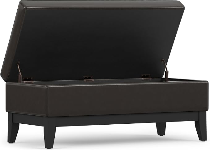 SIMPLIHOME Oregon Storage Ottoman Bench with Tray - 42 inch Wide Upholstered Vegan Leather Rectangle Ottoman Bench in Tanners Brown, Transitional Tufted Ottoman for Living Room with Lift-Up Lid