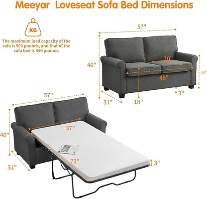 57 inches Loveseat Sleeper Sofa, 2-in-1 Pull-Out Couch Bed with High-Density Sponge Mattress for Small Apartment, Living Room, Guest Room,Grey