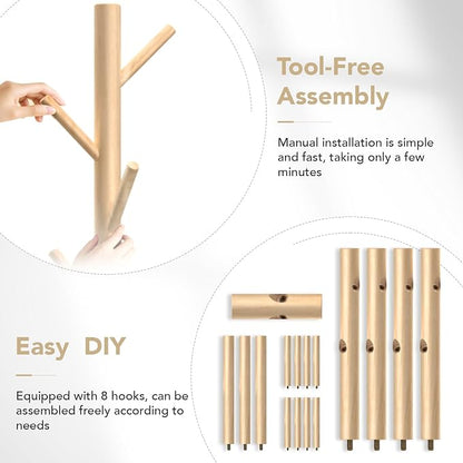 Wooden Coat Rack Freestanding with 8 Hooks,Easy Assembly New Zealand Pine Tree Coat Racks, 3 Adjustable Sizes for Clothes, Hats, Bags, for Entryway, Hallway, Bedroom, Office (Natural, 1 PC)
