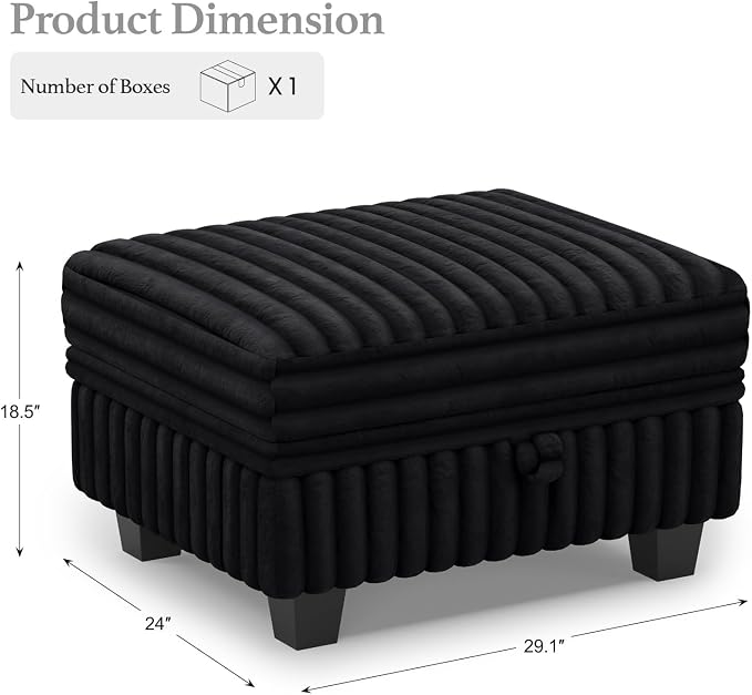 Belffin Corduroy Fabric Ottoman with Storage Ottoman for Modular Sectional Couch Black Couch