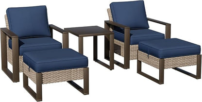 Joyside Outdoor Patio Chairs, 4 Pieces Wicker Rattan Furniture Set, 2 Patio Chairs, 2 Ottoman and 1 Table, Metal Wide Armrest, Thick Cushions and Deep Seating for Garden, Backyard, Porch, Deck