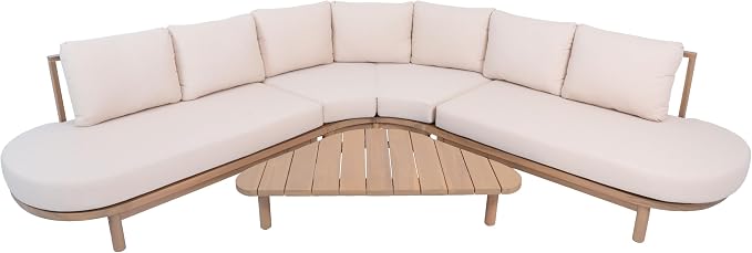 Merax 5 Piece Patio Acacia Wood Curved Sectional Sofa Set, Outdoor Half- Moon Sofa Couch with Waterproof Cushions, 1 Coffee Table for Garden, Lawn, Backyard, Poolside, Beige+Brown