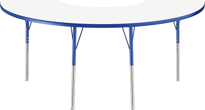 FDP Dry-Erase Half Moon Activity School and Office Table (36 x 72 inch), Standard Legs with Swivel Glides for Collaborative Spaces, Adjustable Height 19-30 inches - Whiteboard Top, Blue Edge and Legs