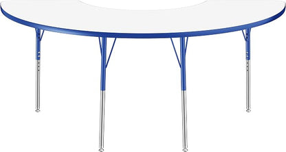 FDP Dry-Erase Half Moon Activity School and Office Table (36 x 72 inch), Standard Legs with Swivel Glides for Collaborative Spaces, Adjustable Height 19-30 inches - Whiteboard Top, Blue Edge and Legs