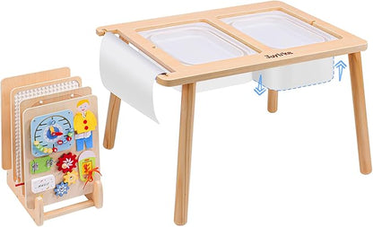 Joylike Sensory Table with Busy Boards for Toddlers 1-3, 7-in-1 Drawing and Activity Table with 4 Busy Boards, 2 Storage Bins & Paper Roll, Educational Learning Gifts for 1 2 3 4 5 Year Old Boys Girls