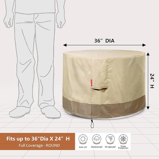 SheeChung Round Gas Fire Pit/Table Cover-Heavy Duty 600D Polyester with PVC Coating Material,100% Weather Resistant & Waterproof,Fits 30",32",33",34",35"and 36" Firepit/Bowl Cover,36"Dia X 24"H Beige