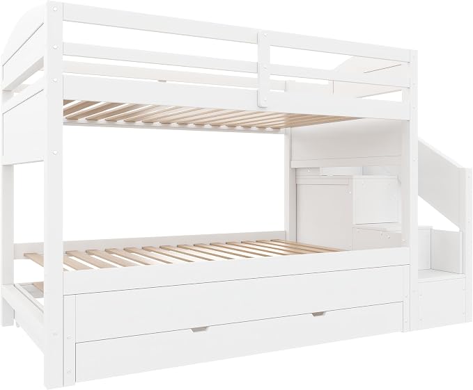 RUNNA Twin XL Bunk Bed with Trundle,Storage Stairs,Kids Bedroom,White | Twin XL bunk bed with trundle, storage stairs, solid wood frame, guardrails, no box spring needed, white, space saving