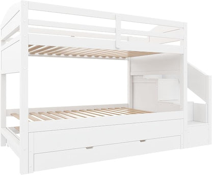 RUNNA Twin XL Bunk Bed with Trundle,Storage Stairs,Kids Bedroom,White | Twin XL bunk bed with trundle, storage stairs, solid wood frame, guardrails, no box spring needed, white, space saving