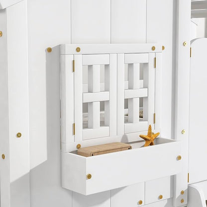 Twin over Twin House Bunk Bed with Roof,Windows,Door,Window Boxes,Safety Guardrails & Ladder,Pine Wood Frame,Low-Height Kids Bunk Beds for Bedrooms,Playful Loft Bed with Easy Assembly, White