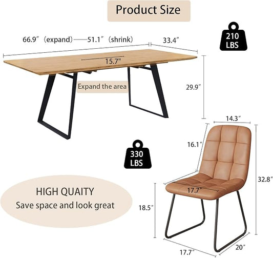 ZckyCine 51‑67 Inch Expandable Dining Set with 6 PU Leather Chairs, Wooden Furniture for Small‑Size Homes