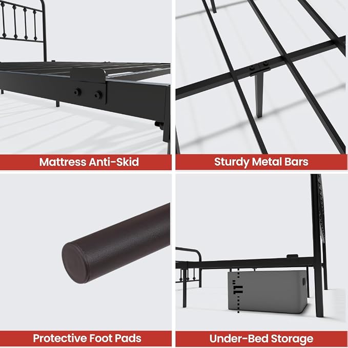 AMBEE21 Golden Gate Beds Vintage Style King Size Metal Bed Frame with Wrought Iron Headboard and Footboard – Classic Platform Bed with 11" Storage Space, No Box Spring Required, Black Finish