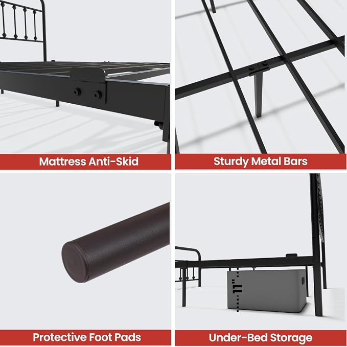 AMBEE21 Golden Gate Beds Vintage Style Metal Bed Frame with Wrought Iron Headboard and Footboard, Classic Platform Bedframe with Storage, No Box Spring Needed, Mattress Foundation, Black, Queen Size