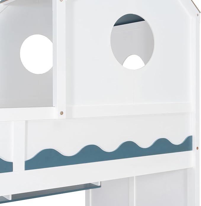 Virubi Twin House Bunk Bed with Stairs and Drawers,Wood Castle Bed with Storage Drawers Shelves& LED Lights (Twin Over Twin,White)