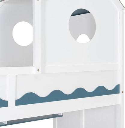 Virubi Twin House Bunk Bed with Stairs and Drawers,Wood Castle Bed with Storage Drawers Shelves& LED Lights (Twin Over Twin,White)