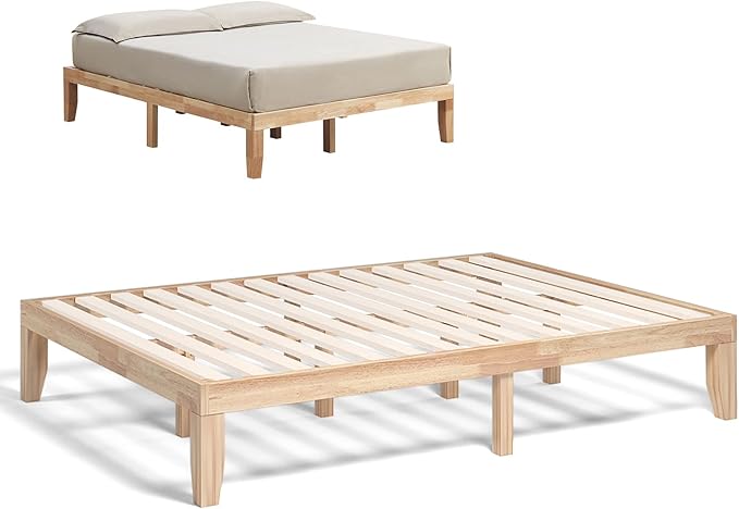 COSTWAY Queen Size Platform Bed Frame, 14 Inches Solid Rubber Wood Bed Mattress Foundation with Sturdy Slats Support, Easy Assembly Bed Frame for Home Hotel, No Box Spring Needed (Natural, Queen)
