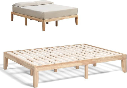 COSTWAY Queen Size Platform Bed Frame, 14 Inches Solid Rubber Wood Bed Mattress Foundation with Sturdy Slats Support, Easy Assembly Bed Frame for Home Hotel, No Box Spring Needed (Natural, Queen)