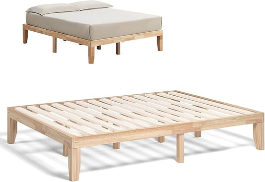 COSTWAY Queen Size Platform Bed Frame, 14 Inches Solid Rubber Wood Bed Mattress Foundation with Sturdy Slats Support, Easy Assembly Bed Frame for Home Hotel, No Box Spring Needed (Natural, Queen)