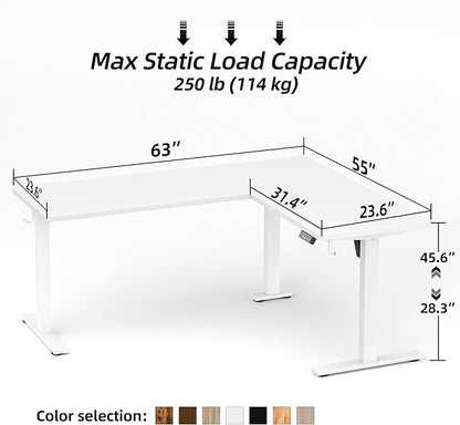 TIQLAB L Shaped Standing Desk Adjustable Height, Electric Corner Standing Desk, 63 x 55 inch Sit Stand Computer Table with Splice Board, White