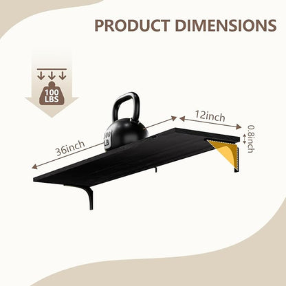 Deep Floating Shelves, 12 Inch Extra Wide Solid Wood Wall Shelves, Heavy Duty Wall Mounted Bookshelf for Living Room, Kitchen and Bedroom, Set of 3 (36 Inch, Black)