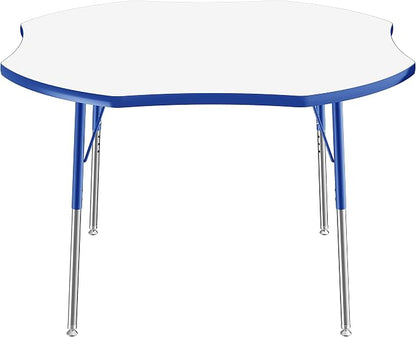 FDP Dry-Erase Clover Activity School and Office Table (48 x 48 inch), Standard Legs with Swivel Glides for Collaborative Spaces, Adjustable Height 19-30 inches - Whiteboard Top, Blue Edge and Legs