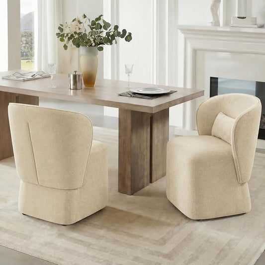 KISLOT Upholstered Dining Chairs with Wheels, Easy Assembly Stain Resistant Fabric Modern Barrel Armchair with Lumbar Cushion, Dining Room Chairs for Kitchen Living Room Bedroom, Sand, Set of 2