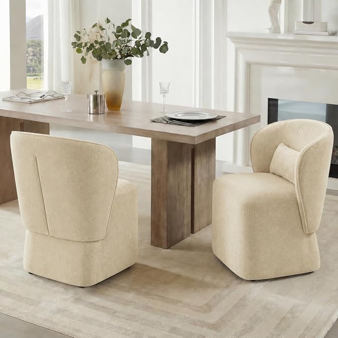 KISLOT Upholstered Dining Chairs with Wheels, Easy Assembly Stain Resistant Fabric Modern Barrel Armchair with Lumbar Cushion, Dining Room Chairs for Kitchen Living Room Bedroom, Sand, Set of 1